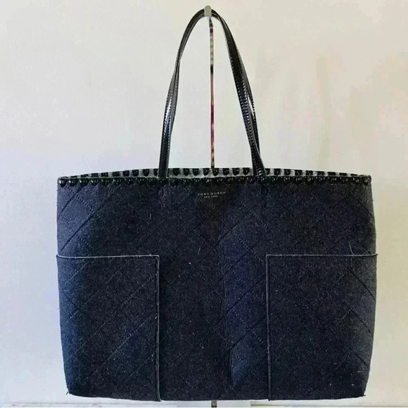 Tory Burch Patent Leather Trimmed Grey Felt Large Tote Bag - Picture 1 of 7